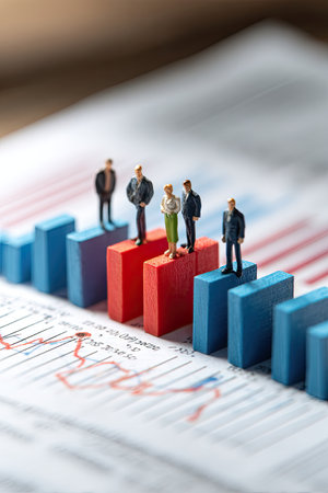 A macro shot depicts miniature figures positioned on colored blocks arranged on a financial document. The scene showcases a diverse group in business attire. The composition features red and blue hues, suggesting an analytical context. Ideal for illustrating concepts related to business analysis and market trends.の素材