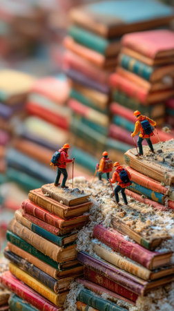 Miniature figures are seen exploring piles of colorful books resembling mountainous terrain. The scene exhibits a vibrant array of colors and textures. The composition suggests an outdoor environment, potentially during the day. The image may be suitable for educational content or illustrative purposes.の素材