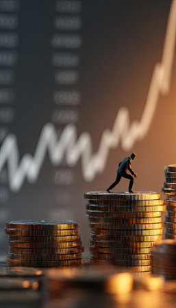 A small figurine ascends a stack of coins, set against a blurred chart showing upward growth. The warm lighting highlights the gold coins and contrasts with the dark background. This conceptual image could be used for illustrations related to finance, investment, or business success. The composition uses selective focus.の素材