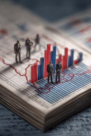 Miniature business figures stand on a surface featuring financial charts with red and blue bar graphs. The composition includes detailed lines and patterns suggestive of data analysis. The lighting emphasizes the textures on the surface, possibly symbolizing business or market studies. This image could be suitable for commercial and editorial applications related to finance and business.の素材