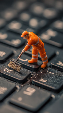 A miniature figure wearing orange overalls and a hard hat is sweeping a keyboard. The image displays a close-up view of the black keys. The lighting is bright, creating shadows. The composition suggests technology, maintenance, and data, suitable for various commercial or editorial purposes.の素材