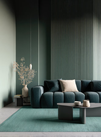 An interior view showcases a teal colored sofa with a cream colored pillow, set against a green wall with a matching rug. A vase with flowers and a small coffee table complete the setup, with overhead lighting. Suitable for a range of applications, this image offers possibilities for commercial and editorial projects.の素材
