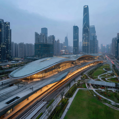 An aerial view showcases a modern railway station seamlessly integrated into a bustling cityscape under a cloudy sky. The composition highlights sleek lines, curved structures, and warm interior lighting. This image could be used for projects related to infrastructure, urban development, or commercial themes.の素材