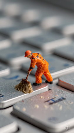 A miniature figure in orange overalls sweeps a keyboard. The close-up shot showcases the metallic keys and the texture of the broom. The composition emphasizes the concept of cleaning and maintenance. This image is suitable for various applications related to data security and technology.の素材