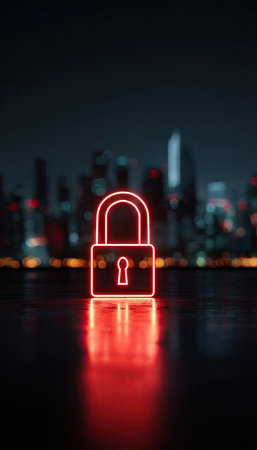 A bright neon padlock glows prominently against a dark, blurred urban backdrop. The padlock's vibrant red light contrasts with the cool, dark tones of the night setting. The reflective surface suggests a wet environment, possibly after rain. This image could be used for various purposes like technology or security themes.の素材