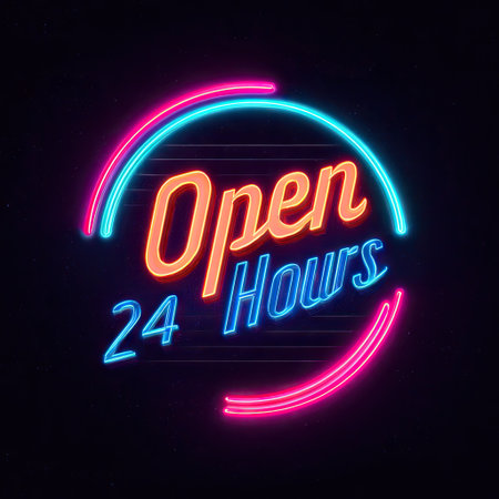 A vibrant neon sign presents the words "Open 24 Hours" in colorful text. The image features vivid hues of pink, blue, and orange against a stark black backdrop. This stylized composition could be suitable for advertising, business promotion, and visual communication needs, especially in the context of nocturnal establishments.の素材
