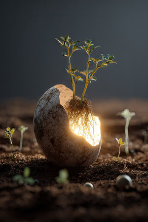 A young plant sprouts from a cracked eggshell, illuminated by a warm light source. The composition features a close-up shot with focus on the egg and the developing roots. The color palette consists of earthy tones, with the background appearing dark. This image could be used for illustrations of rebirth, growth or conceptual projects.の素材
