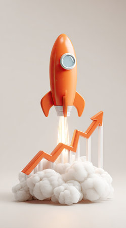An orange rocket takes off, trailing white smoke with a rising arrow graphic on a soft, light backdrop. The stylized image uses a minimalist design. It showcases bright colors and smooth textures, creating a clean and modern aesthetic. The graphic is suitable for business concepts, advertising, or technology-related projects.の素材
