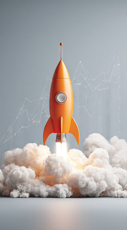 An orange rocket is depicted launching from a base with thick, white smoke billowing around it. The graphic has a 3D rendered style. The rocket is set against a gradient blue background, and there are light effects added. Suitable for illustrations on space, technology, or business.の素材
