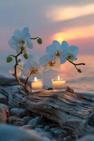 White orchid blossoms and lit candles rest upon textured driftwood. The scene is bathed in soft light from a sunset, with hues of blue, orange, and pink in the sky. This image showcases a serene composition, suitable for use in various commercial and editorial applications.の素材