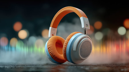 Vibrant headphones are displayed against a blurred background. The image showcases the accessory's colors, textures, and design. The lighting creates a soft, atmospheric effect with bokeh details. This image can be utilized for advertising technology, music, or entertainment products, and various editorial purposes.の素材