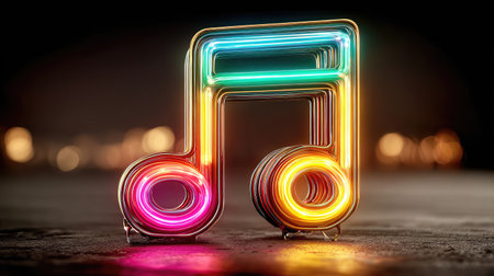 A glowing neon music note is presented against a blurred dark backdrop. The composition uses vibrant colors, with the note showcasing a combination of illuminated tubes. The lighting emphasizes the contours and creates a dynamic atmosphere, perfect for various design applications in entertainment and music-related projects.の素材