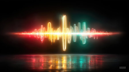 A vibrant sound wave is depicted in bright neon colors of red, yellow, and green. The image showcases a minimalist aesthetic with the wave's reflection on a glossy surface. The composition is set against a deep black background, suggesting a night scene. This graphic could be used for music, technology, or design projects.の素材