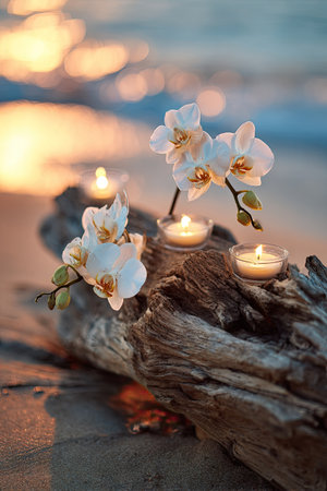 A serene composition features delicate white orchid blossoms and softly glowing candles arranged on weathered driftwood. The natural elements are bathed in warm, diffused light, suggesting a beachside setting. The image's intimate perspective and gentle textures would suit wellness and lifestyle content.の素材