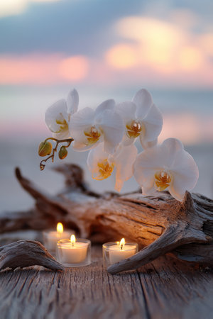 An arrangement of white orchid blossoms and lit candles rests on weathered wood. The composition features soft, diffused lighting against a blurred background of water and sky. This serene image evokes tranquility, suitable for wellness themes or editorial projects. It can be used for decoration or design.の素材