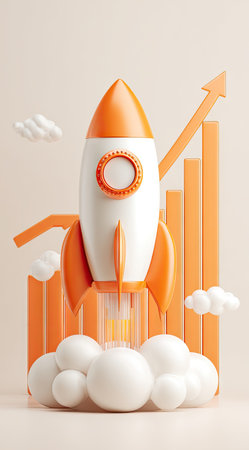 A 3D rendered image displays a rocket ship with orange and white colors, ascending past a bar graph. The composition features a minimalist style with soft lighting. The scene evokes concepts of progress, innovation, and financial growth, suitable for various commercial applications.の素材