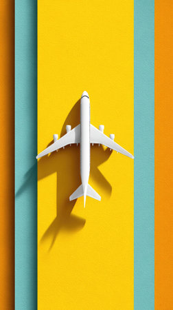 A white airplane model casts a shadow against a vibrant yellow backdrop, flanked by blue and orange vertical stripes. The image exhibits a high-angle perspective, showcasing the clean lines and forms. This studio shot uses strong lighting to highlight the texture. Suitable for commercial use, emphasizing travel, transportation, and design.の素材