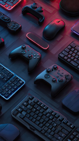 A collection of gaming controllers, mice, and keyboards are arranged on a wooden surface. The overhead composition features a variety of devices illuminated by a color gradient. The scene uses artificial lighting to create a contrast effect. This arrangement may be suitable for marketing or advertising purposes.の素材