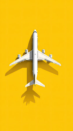 A white airplane model is positioned against a vibrant yellow backdrop, casting a distinct shadow. The high-angle composition presents the plane in a symmetrical fashion, showcasing its wings and fuselage. The lighting suggests a bright, possibly artificial source. Suitable for commercial projects, illustrating travel concepts or aviation.の素材