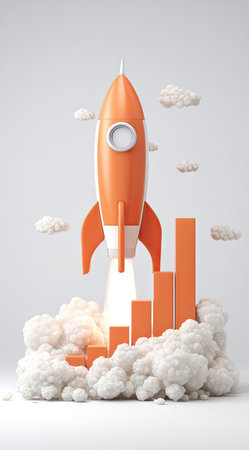 An orange rocket ship takes off against a clean white background. The image features a stylized illustration of a rocket with a graph, soft clouds, and a bright, airy feel. This visual could be used for marketing, web design, or educational content, suggesting growth and development.の素材