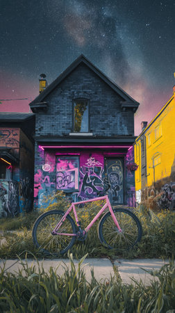 A pink bicycle is positioned in front of a building decorated with graffiti art, set against a backdrop of night sky. The scene showcases contrasting colors and textures, with vibrant pinks and dark shades. This image could be suitable for use in various creative projects, including editorial content and commercial designs.の素材