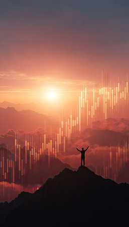 A lone figure stands atop a mountain, arms raised towards a vibrant sunset sky. The composition features warm hues of orange and red, with a silhouette against the light. The image uses dramatic lighting and a conceptual style suitable for various commercial applications.の素材