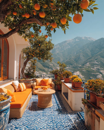 An outdoor scene features an orange tree with ripe fruit, a terrace area with seating, and a mountain backdrop under daylight. The image showcases a vibrant color palette, natural lighting, and a balanced composition. Suitable for editorial content, travel features, or lifestyle themes.の素材
