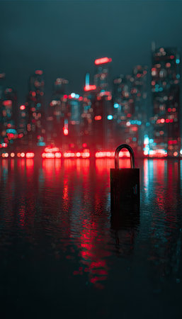 A dark silhouette of a padlock stands in front of a blurred cityscape reflection on water. The scene is dominated by dark colors, with vibrant red and blue lights creating contrast. The image suggests a night setting, possibly depicting themes related to security, access, and digital environments. Suitable for various editorial and commercial applications.の素材
