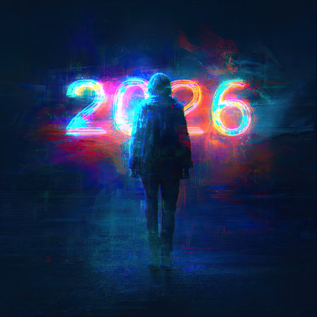 A person is silhouetted, standing before a radiant neon display of the year 2026. The image features vibrant colors, blending hues of blue, pink, and yellow with a subtle glitch effect. The composition suggests a futuristic or technological theme, suitable for various commercial applications.の素材