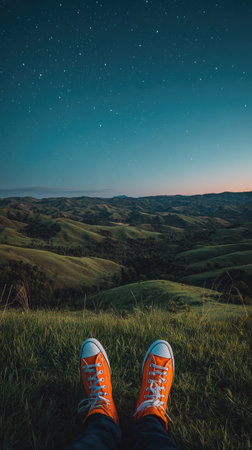 The image captures a low-angle perspective of a person's legs and feet, wearing orange sneakers, atop a grassy hill. The scene is bathed in the soft light of dusk, with rolling green hills extending into the distance. A starry night sky dominates the background. Suitable for various editorial and commercial applications.の素材