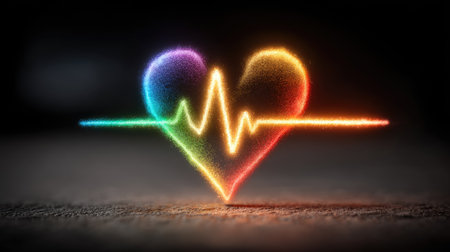 A glowing neon heart, radiating a rainbow of colors, is the central focus. A heartbeat line intersects the heart, suggesting vitality. The scene is set against a dark backdrop, highlighting the luminous elements. This image is suitable for health, love, or technology-themed projects, perfect for diverse commercial applications.の素材