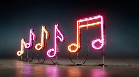A row of luminous musical note symbols glow against a dark backdrop. The vibrant colors, including pink and orange, highlight the shapes. The composition suggests a stylized environment. This image is suitable for diverse commercial applications, including advertising and design.の素材