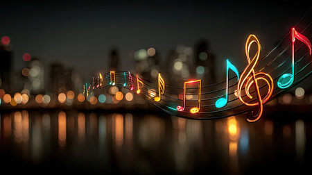 Colorful neon musical notes appear to float above a blurred city skyline at night. The composition uses bokeh effects with soft lighting. These design elements are suitable for various commercial applications related to entertainment, music, or creative arts. The scene implies a dynamic environment.の素材