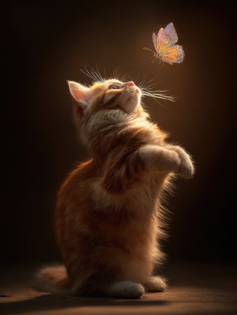 An orange kitten with fluffy fur curiously observes a butterfly. The image presents warm brown tones with a softly blurred background and highlights the subject. This indoor scene uses overhead lighting that is suitable for editorial and commercial projects.の素材