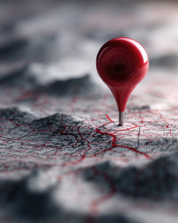 A red pin is placed on a map, focusing on location. The image features a shallow depth of field, highlighting the pin. The map's textured surface with subtle red lines provides background detail. Ideal for illustrating concepts of navigation, travel or project planning. Suitable for commercial purposes.の素材