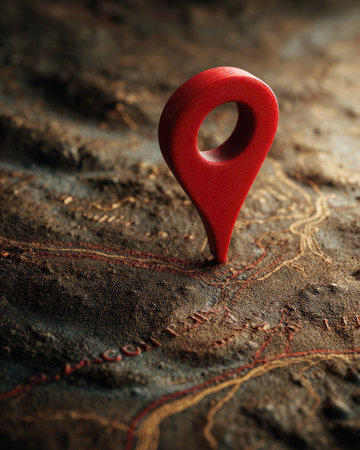 A vibrant red location marker is prominently displayed against a detailed textured background. The image showcases map-like lines and earthy tones, emphasizing depth and detail. The lighting creates shadows and highlights, enhancing the three-dimensional effect. This visual could be used for various commercial projects, including travel and navigation concepts.の素材
