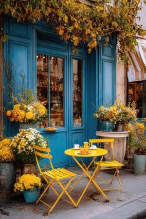 A charming cafe facade features vibrant blue doors and windows. Yellow tables and chairs stand outside, complemented by a variety of flower pots. The scene is bathed in natural light, highlighting the textures of the building and the blossoms. This image is suitable for a range of uses, including advertising and editorial content.の素材