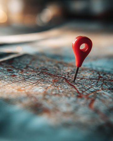 A close-up shot showcases a red pin placed on a map, emphasizing location and travel concepts. The map features various colors and intricate lines, suggesting pathways and destinations. Overhead lighting illuminates the scene, creating a sense of depth, suitable for illustrating travel planning or exploration themes in commercial projects.の素材