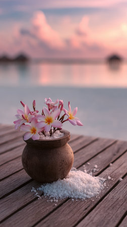 A small pot with pink flowers sits on a wooden surface with scattered white material. The image features a blurred seascape with soft pastel colors, suggesting a serene environment. The composition and lighting create a tranquil mood, ideal for use in promotional materials or decorative imagery.の素材