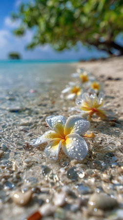 Several white and yellow plumeria flowers rest on a sandy beach, partially submerged in clear water. The scene showcases natural lighting and soft focus, with green foliage in the background. Suitable for various commercial projects, this image can be used in travel and nature-related content.の素材