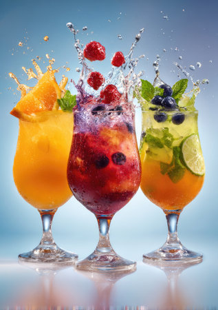 Three colorful cocktails are presented, showcasing a variety of fresh fruits and ice. The drinks feature bright hues of orange, red, and green, and are captured with dynamic water splashes. They appear to be set indoors against a gradient blue backdrop, suitable for culinary, beverage, or summer themed marketing materials.の素材