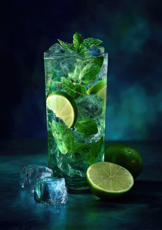 A vibrant Mojito cocktail features fresh mint leaves, lime slices, and ice cubes in a tall glass. The drink is set against a dark, contrasting background, highlighting its refreshing green color. Ideal for commercial projects, this image could be used in advertisements or editorial content related to beverages and summer.の素材