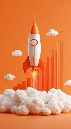 A rocket ship takes off from a cloud base against an orange background. Fluffy clouds and a rising bar graph contribute to the upward-focused composition. The image uses a vibrant color palette and digital rendering. It may be used for projects in the fields of technology and finance.の素材