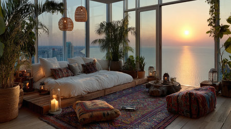 A serene bedroom interior is bathed in the warm glow of sunset. Lush plants, a comfortable bed, and patterned textiles create a cozy atmosphere. The composition emphasizes natural light and an expansive ocean view. Ideal for illustrating relaxation, interior design, or lifestyle themes.の素材