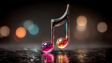 A shimmering music note stands out against a soft, blurred backdrop. The note, rendered with glossy textures, features a gradient of colors, highlighted by artificial lighting. The overall composition evokes a sense of depth and visual interest, potentially suitable for design projects and various media.の素材