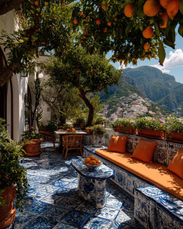 An outdoor patio features vibrant orange trees laden with fruit, casting shadows on the blue tiled floor and seating area. The scene is bathed in sunlight, offering a picturesque view of a distant mountain range. This image can be used for decorative, travel, or lifestyle editorial purposes.の素材
