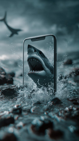 A large shark bursts from a smartphone screen immersed in water. The image features a dynamic composition with cool tones, emphasizing the aquatic environment. Potential uses include advertising, digital art, or thematic projects. The visual impact is strong with a focus on the sharkの素材