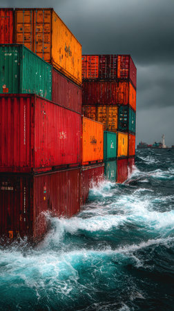 Shipping containers of various colors are seen stacked together on a turbulent water surface. The image shows a daytime view under an overcast sky. The scene depicts the transportation and logistics industry. This image is suitable for commercial applications related to trade and global economics.の素材