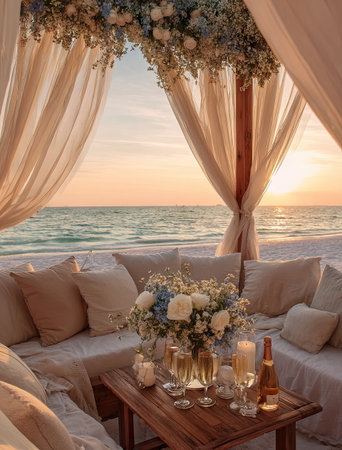 An inviting beachfront scene features draped fabric, creating a semi-enclosed seating area. A table is set with a floral arrangement, glasses, and candles. Warm sunlight bathes the setting, offering potential for use in lifestyle or travel-related content. The style conveys luxury and relaxation with a clear view of the ocean.の素材