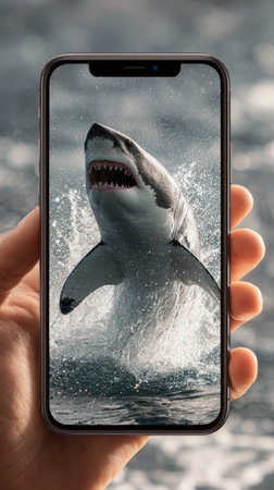 A shark leaps from water, captured on a mobile device held by a human hand. The composition features a medium shot with natural lighting. The image showcases detailed texture and tones. This photograph is suitable for commercial use in advertising or educational content.の素材
